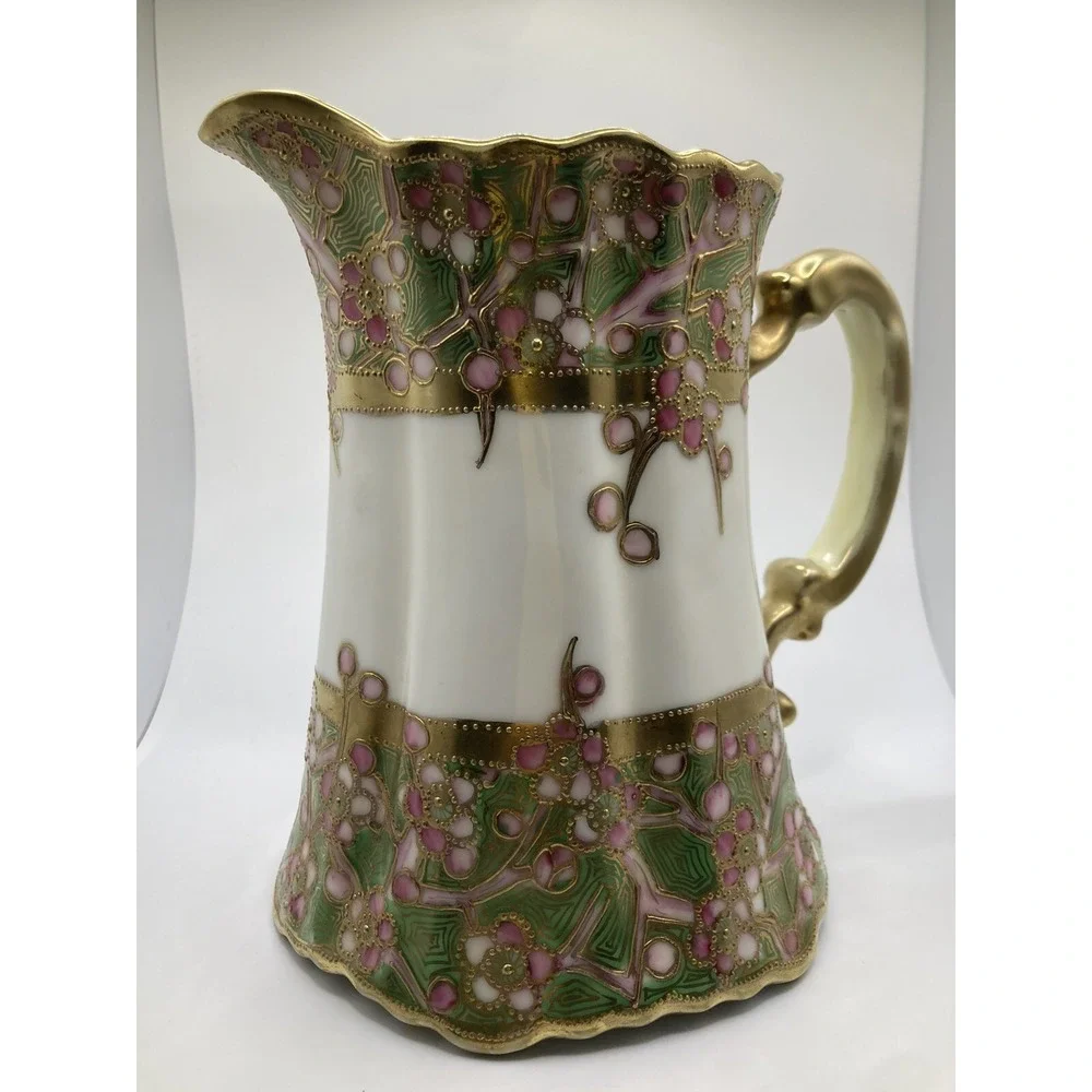 Antique Nippon Hand Painted Moriage Floral Pitcher Gold Gilt‎ Porcelain Cottage
